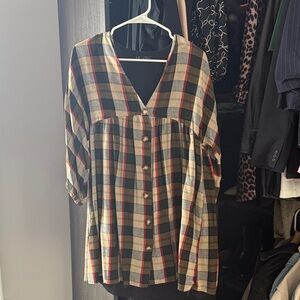 Plaid Button-Front Women’s Tunic Dress - Black/Beige Check